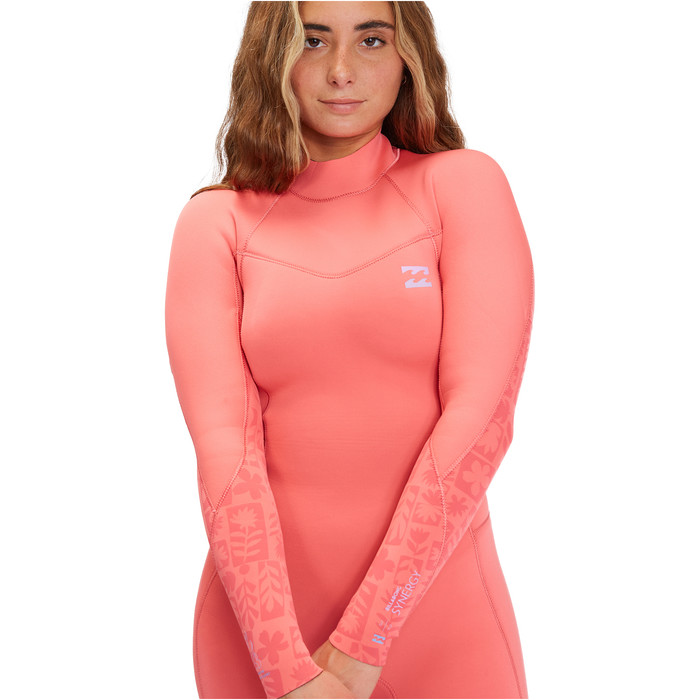 2022 Billabong Dames Synergy 4/3mm Rug Ritssluiting Wetsuit F44F38 - Vintage Coral